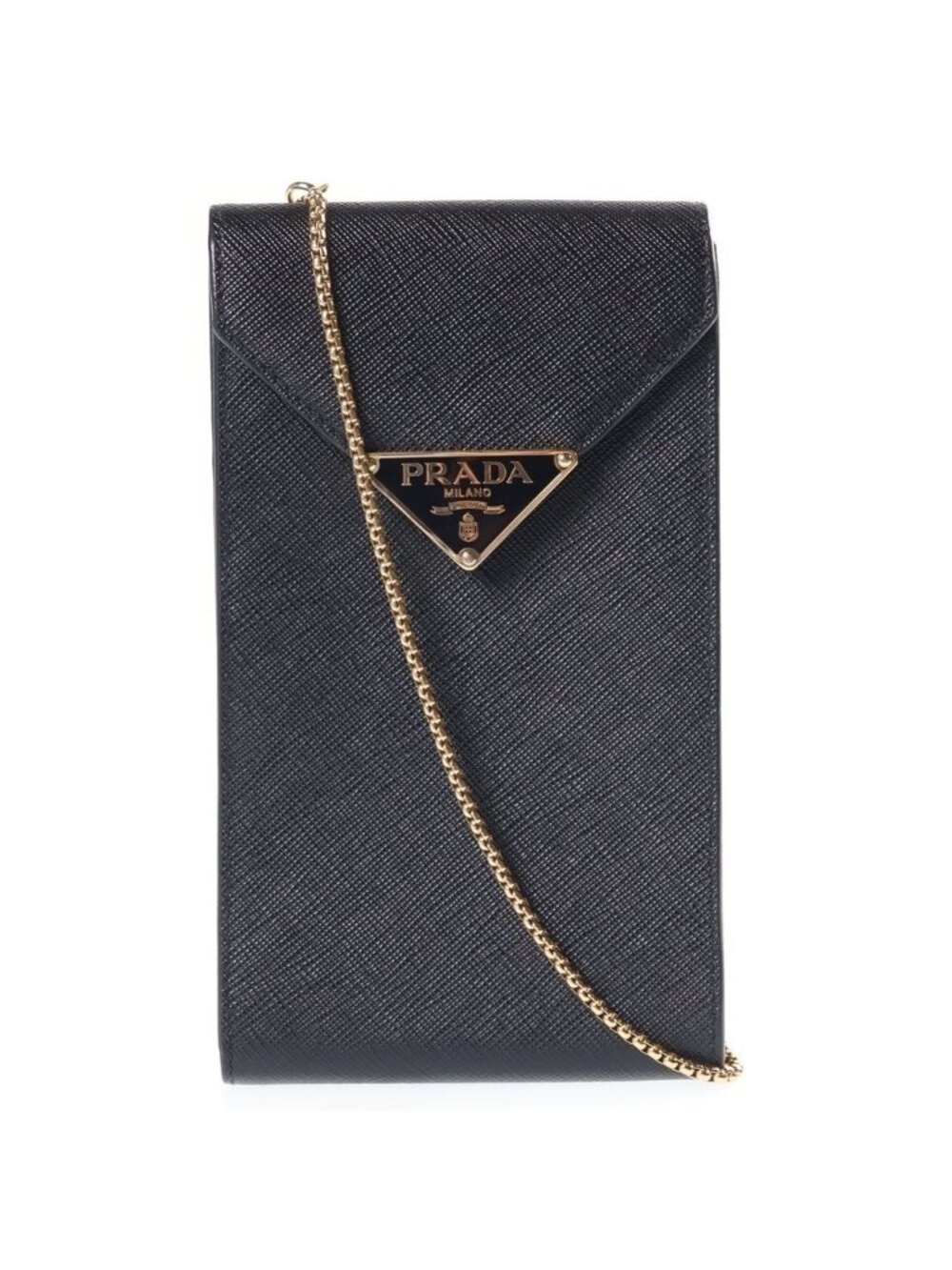 Prada Saffiano Smartphone Pouch Phone Shoulder Bag Chain Black Leather Gold